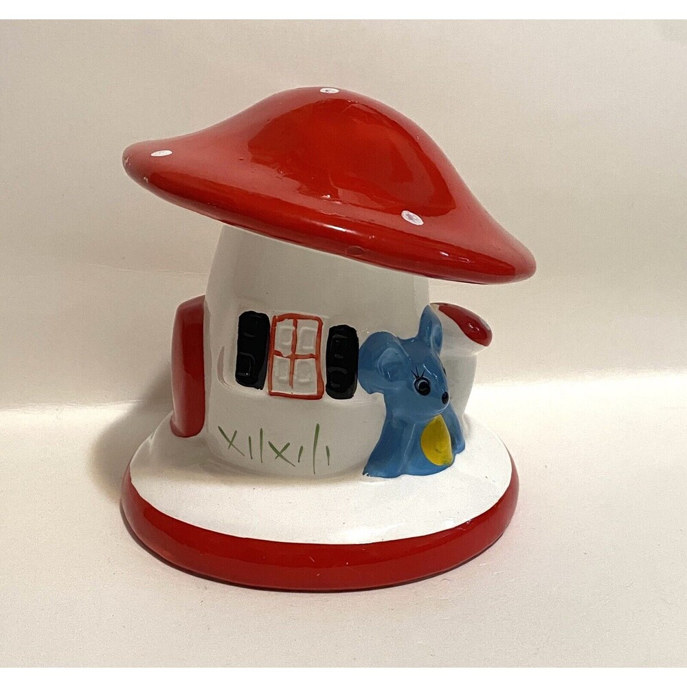 Vintage 1960s Ceramic Retro Polkadot Mushroom Mouse Savings Bank UC&GC Japan